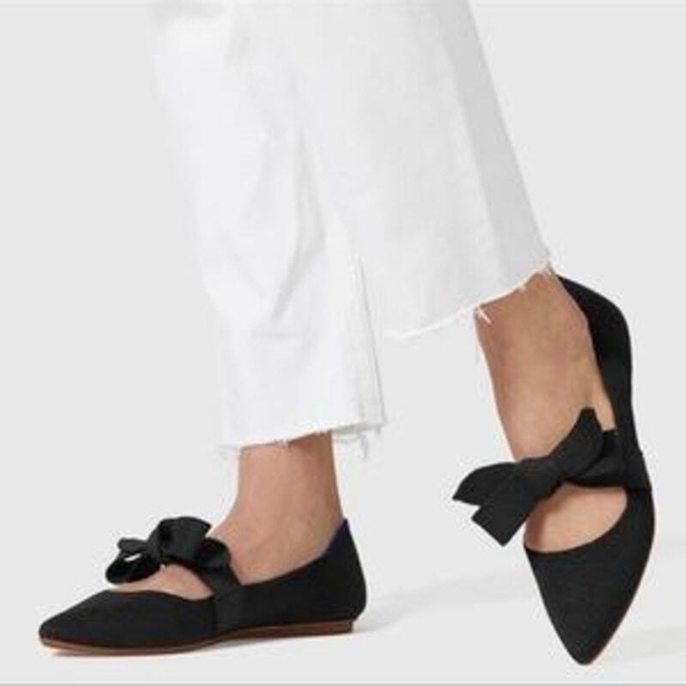 Black Bow Pointed Toe Ballet Flats - Women